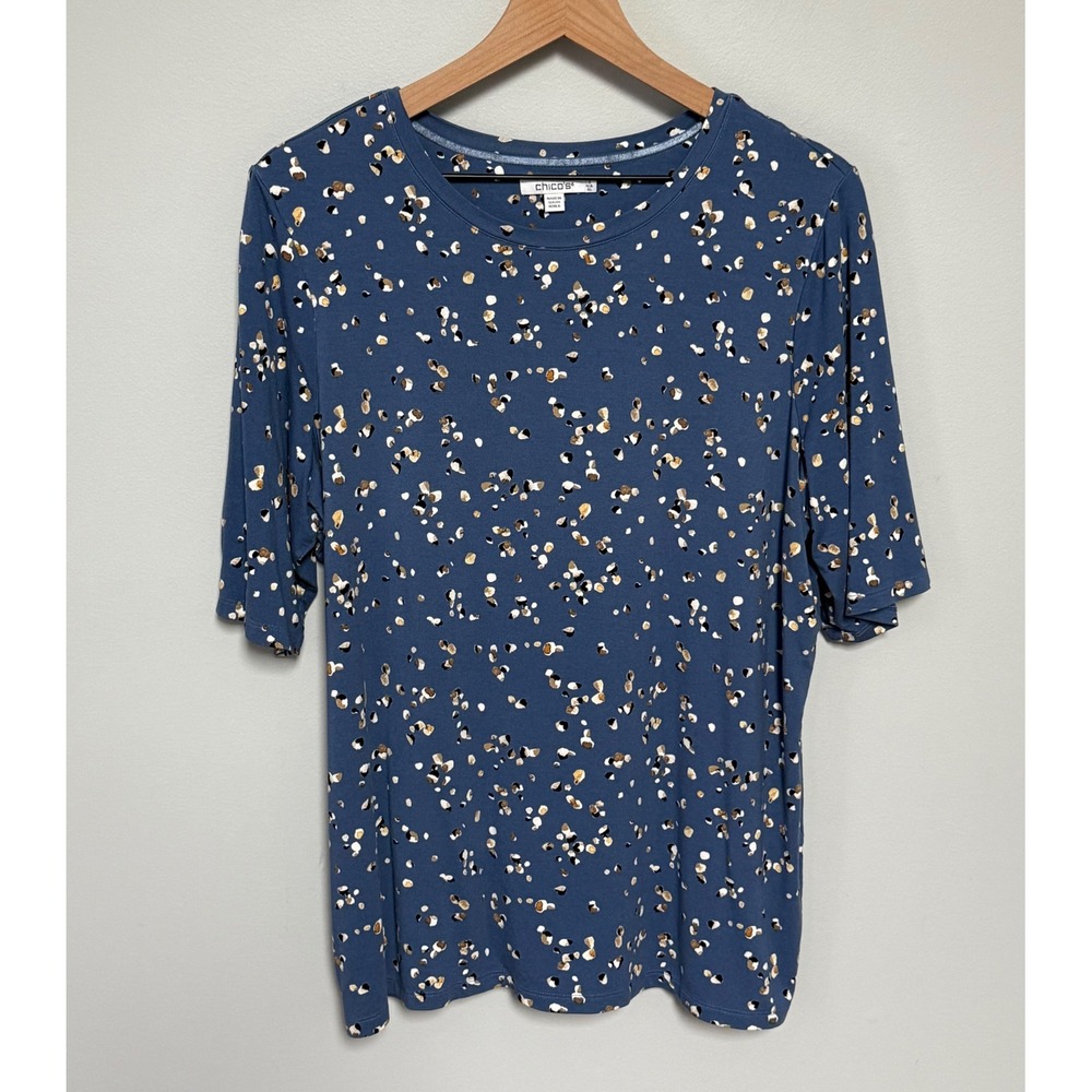 Chicos Elbow Sleeve Pebble Dot Print Blue Tee Rayon Stretch Top Size 3 / XL